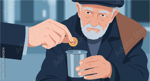 Homeless man receives a coin in his cup for charity, illustrating poverty and kindness