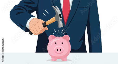 Businessman in suit smashing a piggy bank with a hammer, symbolizing financial destruction or bankruptcy