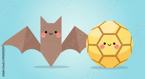 Cartoon Bat and Soccer Ball on Blue Background