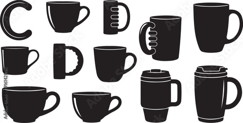 Collection of various black coffee cups and mugs icons