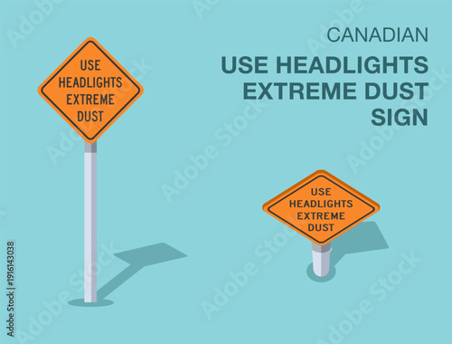 Traffic regulation rules. Isolated canadian "use headlights extreme dust" road sign. Front and top view. Flat vector illustration template.