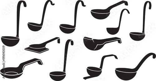 Collection of various black ladles on white background illustration