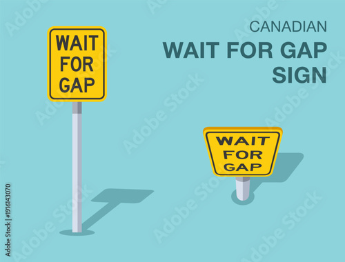 Traffic regulation rules. Isolated canadian "wait for gap" road sign. Front and top view. Flat vector illustration template.