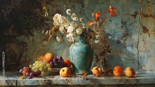 Elegant still life painting with flowers and fruit arranged around a ceramic vase.