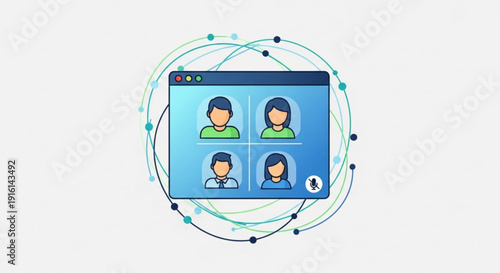 Online meeting with four people on a video call interface with a blue gradient background and curved lines