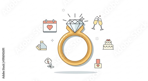 Wedding engagement ring with diamond surrounded by romantic symbols and gifts on white background