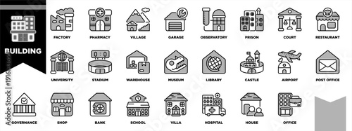 Building Icon Sheet Outline Black Grey