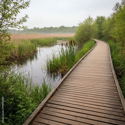 A wooden boardwalk curves through a misty wetland with tall reeds and lush green foliage.