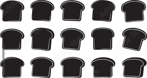 Collection of black silhouettes of bread on white background