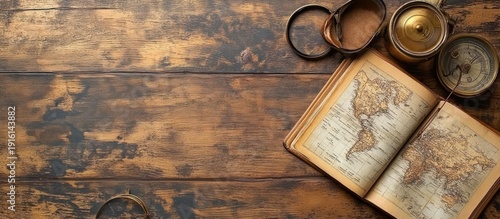 World map book, compass, magnifying glass on wood. Travel planning concept