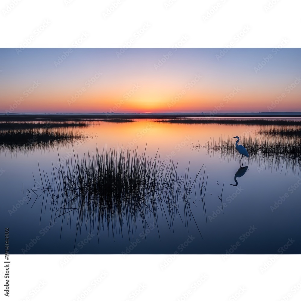 Obraz premium A solitary white egret stands in calm water reflecting the vibrant colors of a sunset over a marshy landscape.