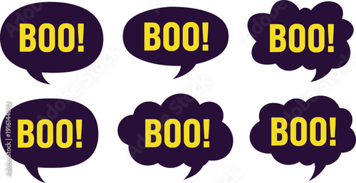 Comic boo speech bubble set spooky halloween chat balloons with bold text pop art style vector illustration isolated design collection