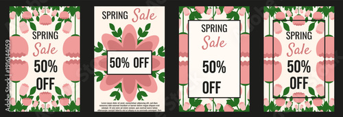 Spring Sale vertical poster set. Vector hand drawn peony flower with Spring discount business message. Perfect Springtime poster collection. EPS 10