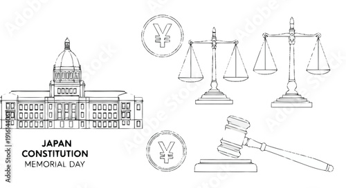 Japan Constitution Memorial Day with scales gavel and currency symbols Japanese yen