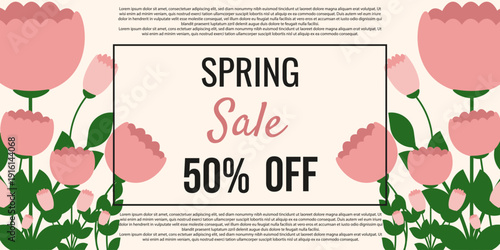 Spring Sale horizontal banner. Vector hand drawn Spring peony bouquet frame with discount message. Perfect season promotion Sale banner. EPS 10