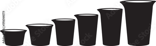 Black plastic cups in different sizes on white background