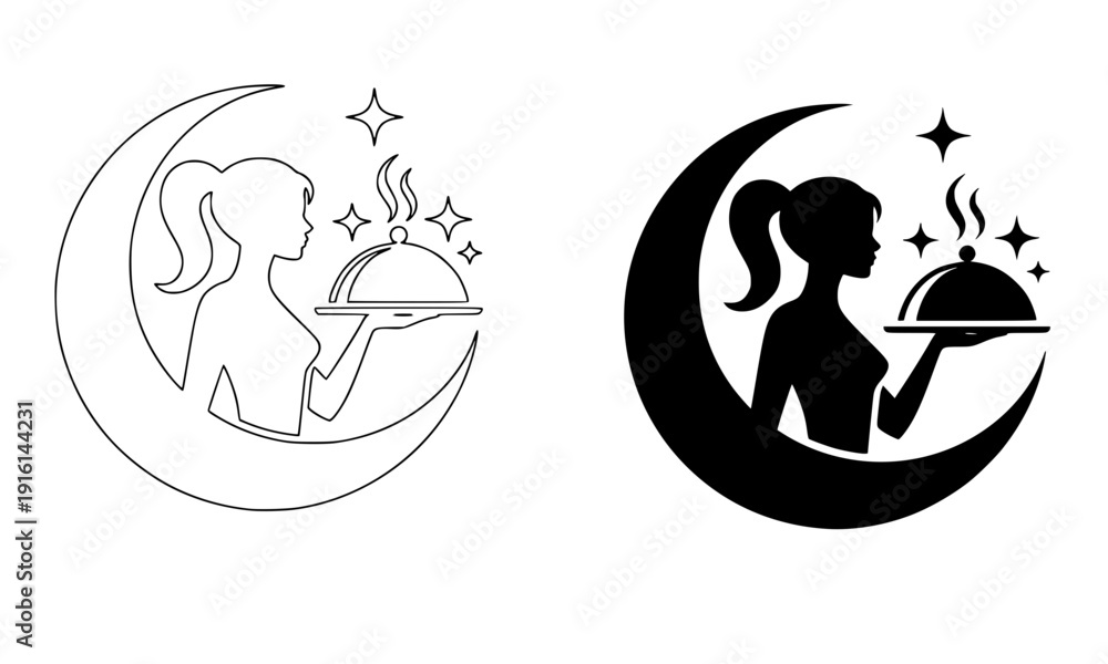 Obraz premium Female waitress serving dish on crescent moon logo in outline and silhouette style, elegant restaurant chef girl with stars for food service and dining business brand design illustration