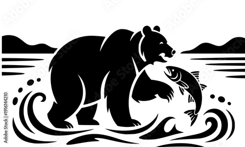 Bear catching salmon fish in river silhouette with mountain background, wild grizzly hunting in water stream for wildlife nature and Alaska wilderness adventure design illustration