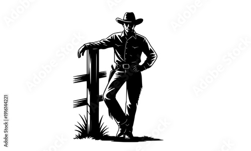 Cowboy silhouette leaning against wooden fence post in relaxed pose, western rancher in hat and boots for rodeo country and American frontier lifestyle design illustration