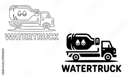 Water truck tanker logo icon in outline and silhouette style with text, liquid transport vehicle symbol for water delivery service and municipal utility company brand design illustration