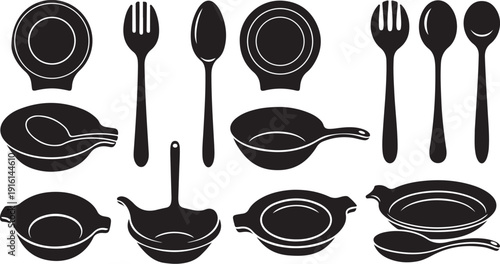 Black and white kitchen utensils and dishes icon set