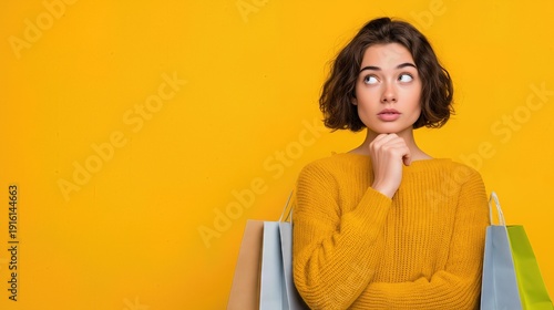Thoughtful young woman holding shopping bags against a bright yellow background with copy space.
