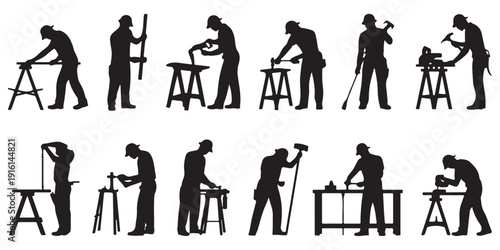 Industrial worker silhouettes set construction men with professional tools builder craftsman repairman icons