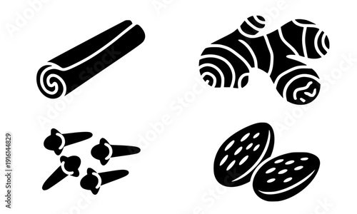 Spice glyph icon set with cinnamon ginger cloves and nutmeg in black solid style, aromatic cooking ingredient symbols for food recipe and culinary design illustration collection