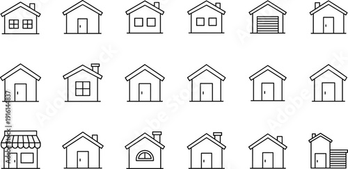 Minimal line house icon set with different home exterior styles building outline collection for real estate interface design