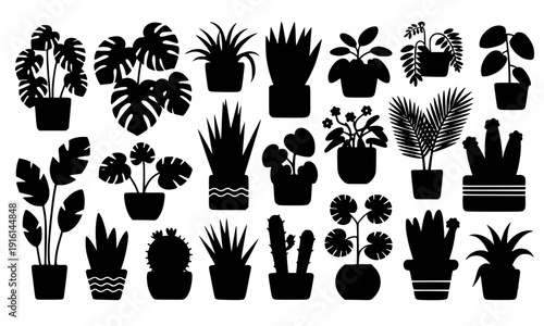 Potted houseplant silhouette collection in black with monstera cactus succulent and tropical indoor plants, home garden botanical set for interior decor and nature design illustration