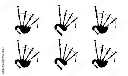 Scottish bagpipe silhouette set with six traditional highland instrument icons in black, Celtic music symbol collection for Scotland culture festival and heritage design illustration