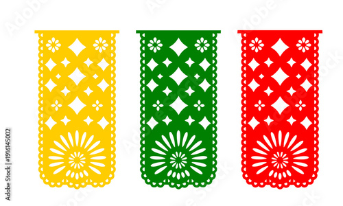 Mexican papel picado banners in yellow green and red with traditional cut out patterns, fiesta decoration flags for Cinco de Mayo Day of the Dead and Latin celebration festival
