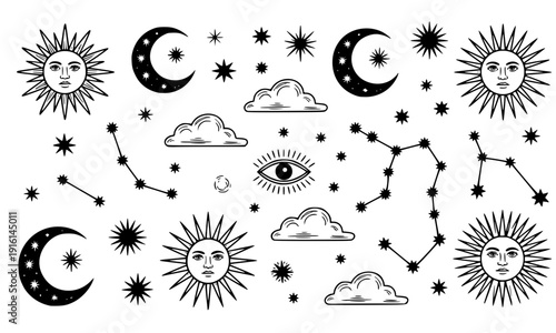 Celestial mystical boho set with sun moon stars constellations and eye symbols, vintage astrology and zodiac elements in black outline for tarot and esoteric design collection