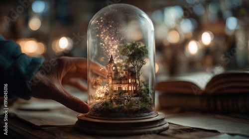 Miniature glowing house and tree inside a glass dome, creating a magical fantasy scene with warm lights and dreamy atmosphere.