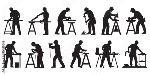 Woodworking silhouettes, carpenters with tools performing construction and building tasks