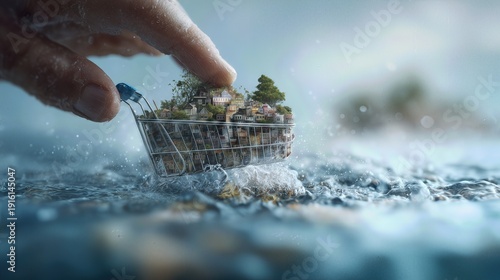 Tiny city inside a shopping cart splashing through water, symbolizing urban consumption and environmental impact.