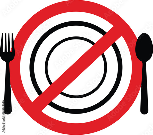 No eating prohibition sign icon with crossed plate, fork, and spoon symbol for food restriction, safety, and public signage design