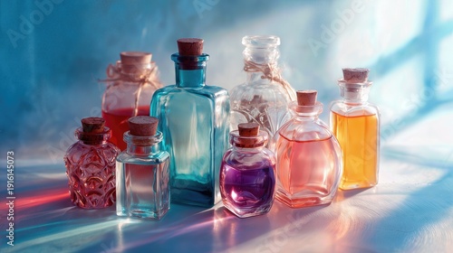 Collection of colorful glass bottles with cork stoppers filled with liquid, fantasy, alchemy and perfume concept with soft light.