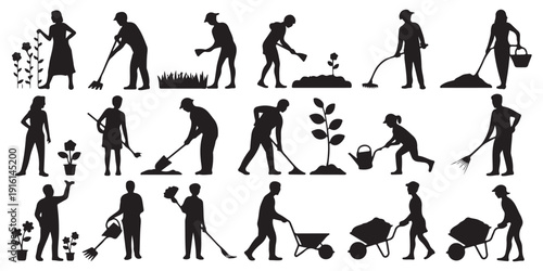 Large set of gardener silhouettes men and women working with agricultural tools planting watering digging