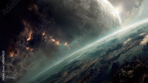 Dramatic view of a planet horizon with cosmic clouds and stars, representing space exploration and science fiction.