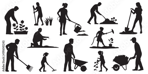 Farmers and gardeners silhouettes set people caring for plants using wheelbarrow rake shovel and water can