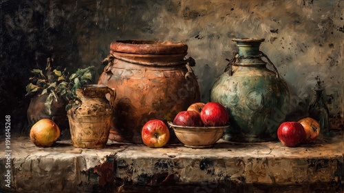 Rustic oil still life with clay jars and apples on a stone surface, evoking tradition, simplicity, and timeless craftsmanship.
