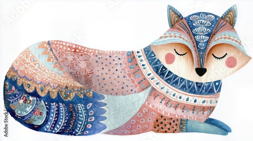 Cute watercolor fox in nordic folk style with soft patterns, isolated on white background for children design and decor.