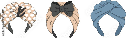 Set of stylish female hair accessories including polka dot headband bow headband and blue twisted turban vector illustration