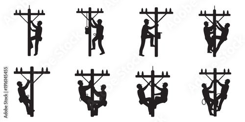 Electrician climbing a utility pole, working on power lines, maintaining infrastructure