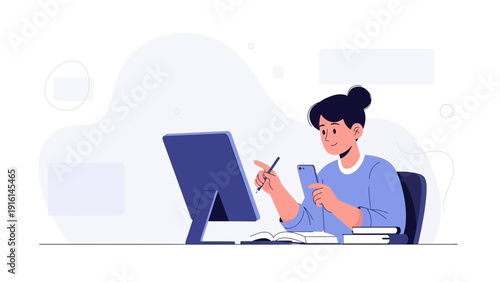 Young person multitasking with computer, phone, and books, studying or working