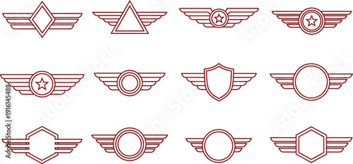 Winged badge emblem collection with shields, stars, circles, and geometric frames in vintage red line art style for logos and branding
