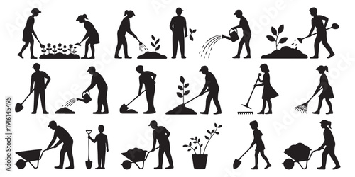 People planting crops, watering plants, raking leaves, carrying plants, and other gardening activities