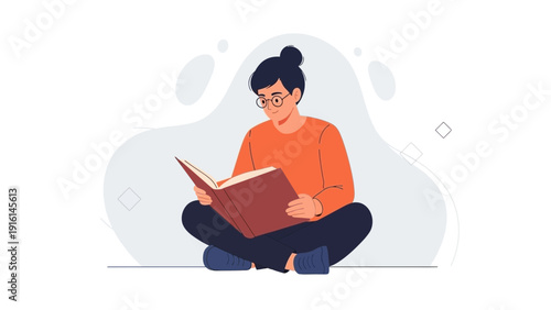 Young person reading a book, sitting cross-legged, with glasses and orange sweater