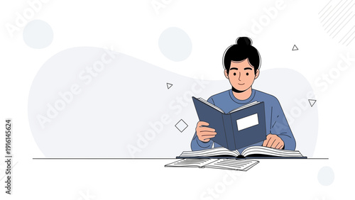 Young person reading a book, studying, learning, knowledge, education concept